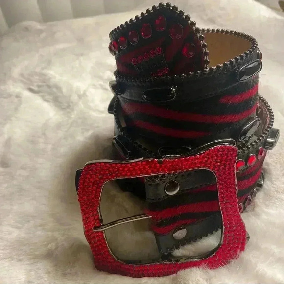 Authentic BB Simon Red Zebra Wide Belt Swarovski Crystals EUC